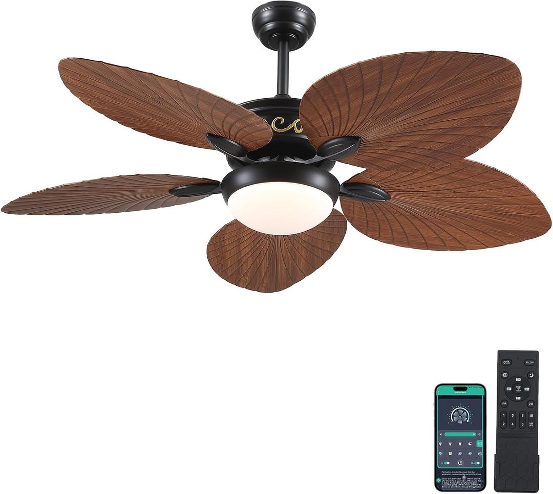 Wiviniya 52 Inch Tropical Ceiling Fans with Lights, Palm Leaf Outdoor Ceiling Fan with Light for Patios Porch Bedroom, Remote/APP Control, Reversible Quiet DC Motor, Dimmable LED, Light Brown