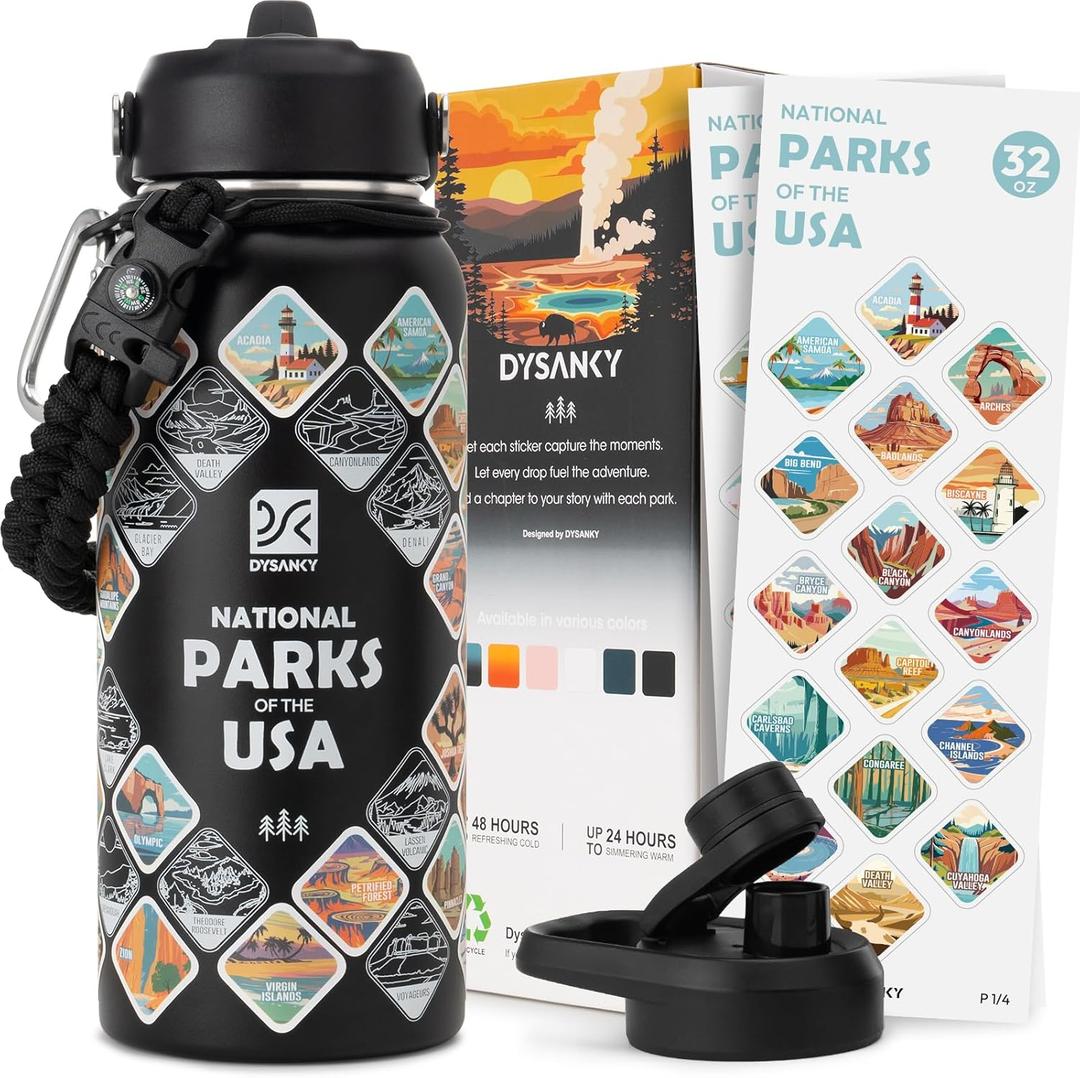 National Parks Water Bottle  32 oz Insulated Stainless Steel Water Jug with 63 Hand-Drawn Park Stickers, Outdoor Accessories & Gift Box  BPA-Free  Ideal for Hiking, Camping & Travel (Advanced Black)