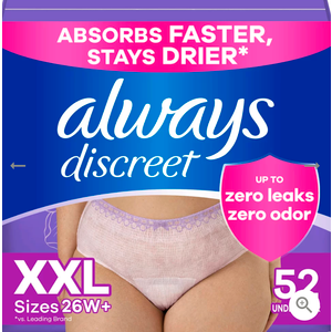 Always Discreet Adult Diapers for Women, Incontinence Underwear, Postpartum Essentials, Disposable Briefs, Max Absorbency, Bladder Leak Protection, 2XL / XXL, 13ct