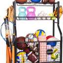 Sports Equipment Organizer with Wheels for Garage Ball Storage | Heavy-duty metal sports organizer with rolling wheels for ball and equipment storage in garages, homes, schools and gyms.