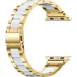 Wearlizer Compatible with Apple Watch Band 49/46/45/44/42mm Fashion Wristbands Womens, Stainless Steel+Resin Metal Replacement for iWatch Series 11 10 9 8 7 6 5 4 3 SE/Ultra 3 2 1-Gold+White