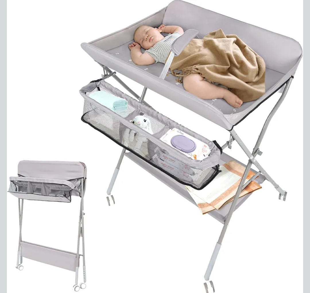 BlissBoard Portable Diaper Changing Table with Wheels for Baby, Mobile Folding Changing Station with 5-Level Adjustable Height and Large Storage Rack & Shelf