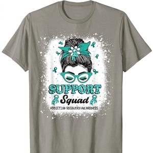 Support Squad Messy Bun Teal Ribbon Addiction Recovery T-Shirt (Gray, XL)