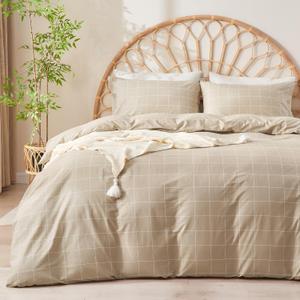 JELLYMONI 100% Natural Cotton Queen Duvet Cover Set, 3pcs Plaid Duvet Cover Sets with Zipper Closure, Grid Geometric Pattern Comforter Cover, Dark Grey (0210)