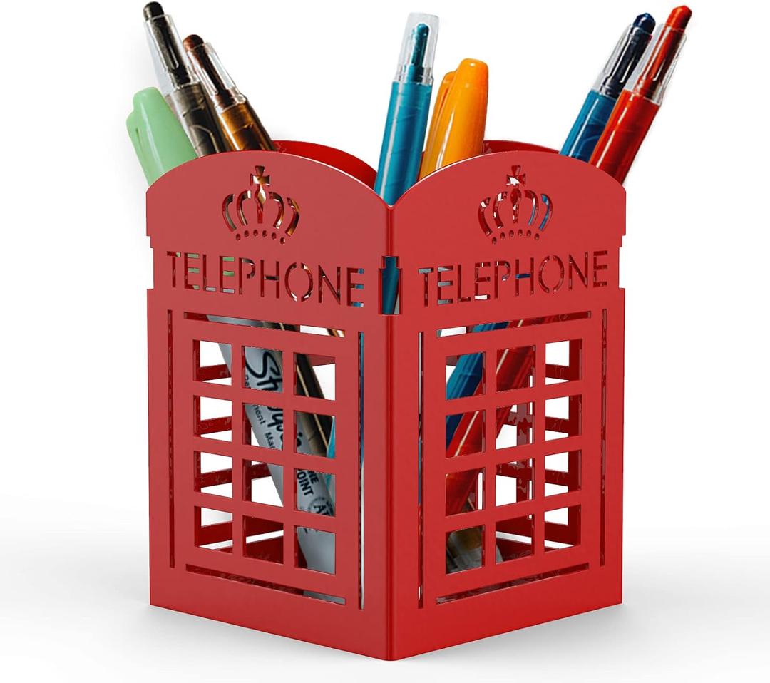 Mango Steam Metal Pen Holder, Makeup Brush Cup Organizer for Office, Bathroom, Vanity (Red, British Telephone Booth)
