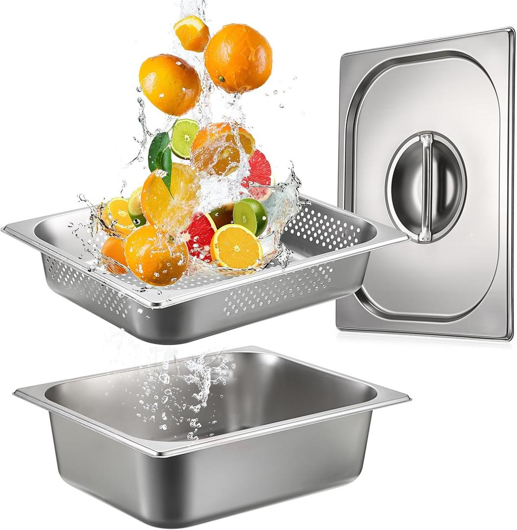 BSTKEY Stainless Steel Hotel Pans Half Size, 4 Inch Deep Steam Table Pan with Perforated Steam Tray and Lid, Warmer Breading Tray Food Pans for Kitchen Restaurant Supplies