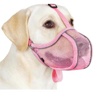 Mayerzon Dog Muzzle to Prevent Biting Scavenging Chewing, Soft Mesh Puppy Muzzles for Medium Large Sized Dogs, Breathable, Reflective, Adjustable Mouth Guard for Grooming Walking Training (M, Pink)