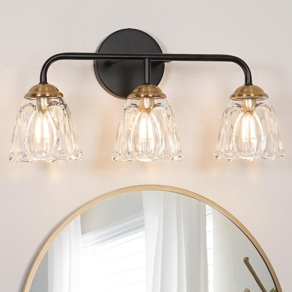 Vintage 3 Light Vanity Light, Black and Gold Bathroom Vanity Light, Bathroom Light Fixtures with Glass Shade, Antique Vanity Light Fixtures Over Mirror, Wall Sconce for Bedroom, Living Room (18.1in)
