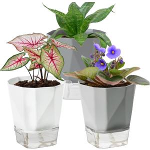 3 Pack Self Watering Planter Pots, 4.9 Inch African Violet Pots for Indoor Outdoor Windowsill Gardens, Plant Pot with Wick Rope and Reservoir
