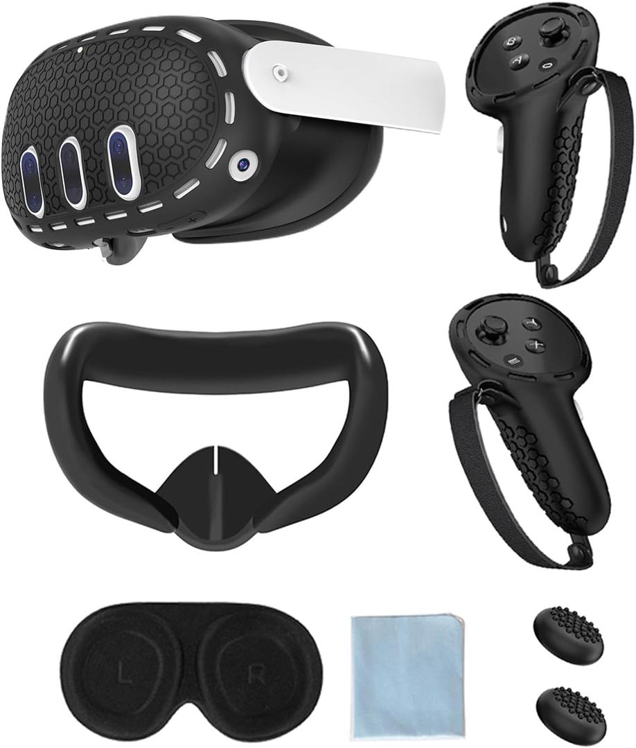 Protective Cover for Oculus/Meta Quest 3 Accessories, Silicone Controllers Grip Cover Protector, Soft Shell Skin with Face Cover and Lens Cover by Gwyoneaon (Black)