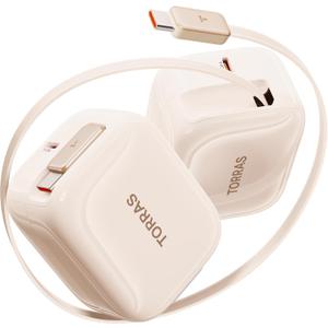 TORRAS FlexLine 40W for iPhone 16 Charger, Dual-Port USB C Charger Block with Retractable Cable, Fast Charging Type-C Power Adapter for iPhone 15/Samsung Galaxy S25/S24 Ultra with Foldable Plug, Gold