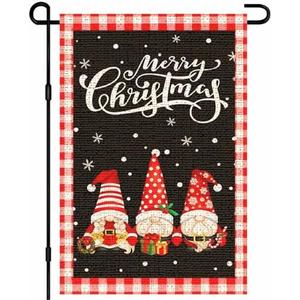 IVN Merry Christmas Garden Flag 12x18 Inch Burlap Holiday Gnome Banner Black Red Buffalo Plaid Three Gnome Design Double Sided Winter Lawn Flag for Porch Patio Yard Outdoor Decor