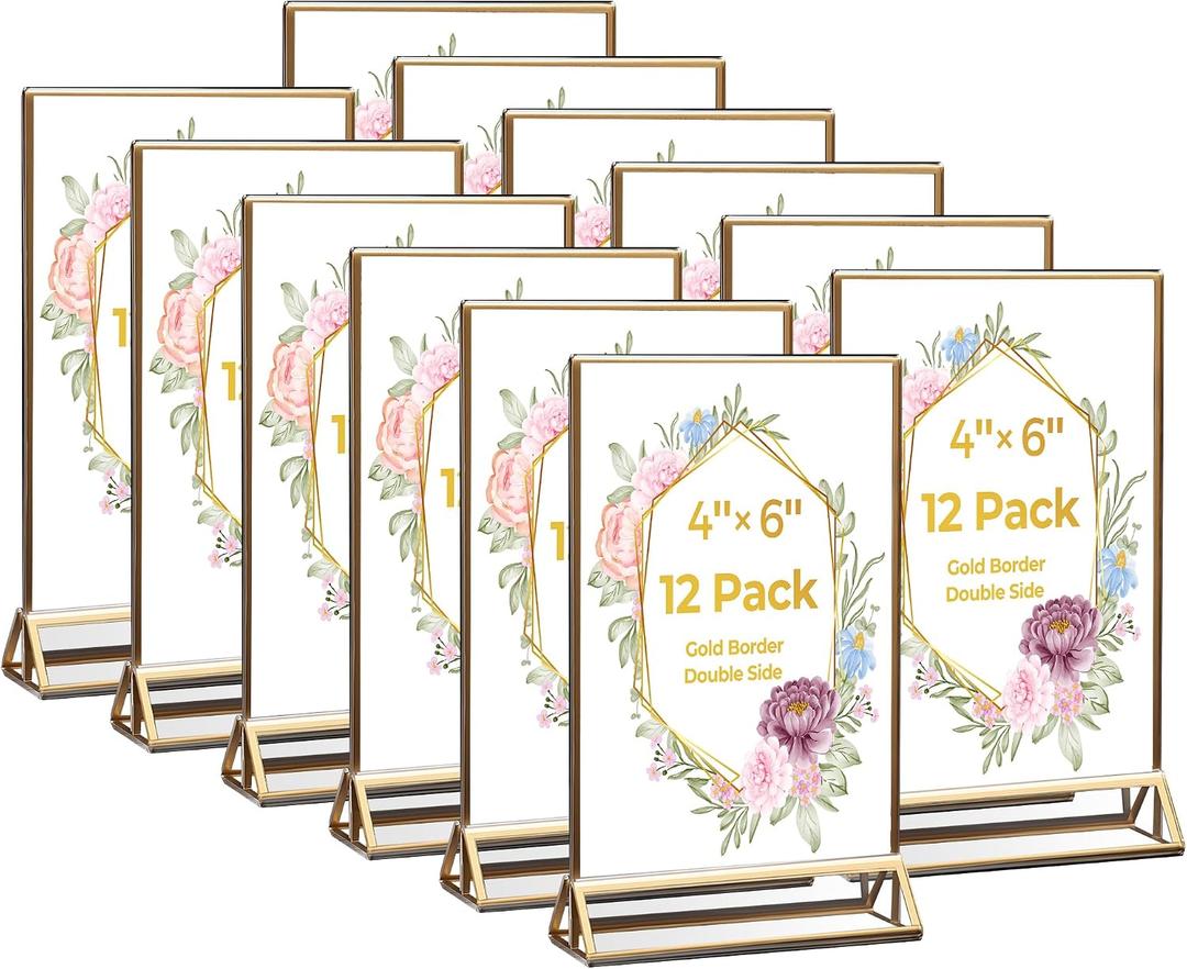 12 Pack Acrylic Sign Holder 4x6 Gold Frames, Wedding Table Number Holders Double Sided Vertical Clear Display Stand, Picture Holders for Tables, Menus, Flyers, Party and Office Decor