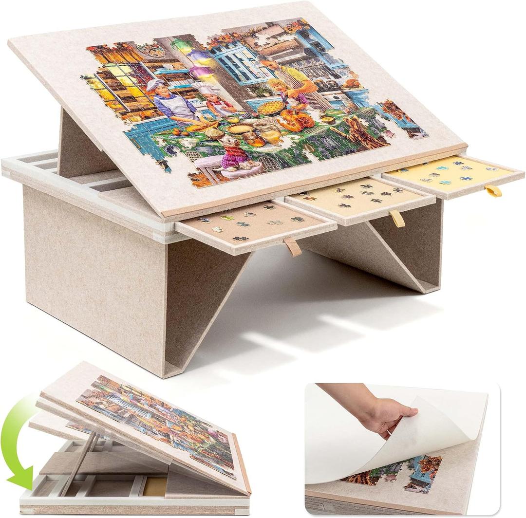 Tektalk Felt Jigsaw Puzzle Table with 3-Tilting-Angle, Puzzle Board for Adults with Foldable Legs, Super Lightweight Portable Tables with 4 Drawers & Cover, for 1500 Piece Puzzles