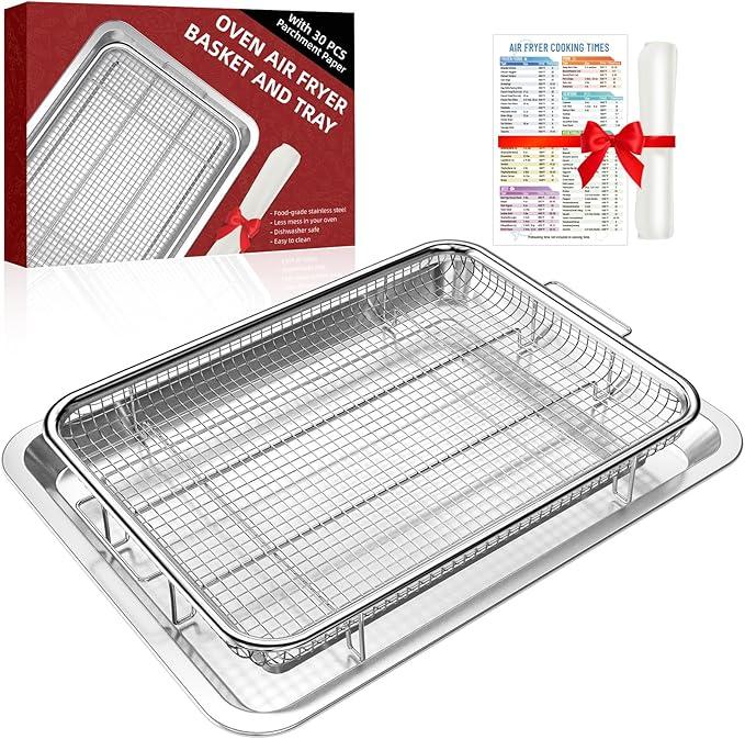 Air Fryer Basket for Oven, Extra Large 18.8" x 12.8" Oven Air Fryer Basket and Tray Set with 30 PCS Parchment Papers, DEGOVIN Stainless Steel Oven Pan and Crisper Tray SILVER