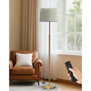 JOOFO Mid-Century Modern Wood Floor Lamp with Dual Fabric Shade, Remote Control, Dimmable & Adjustable Color Temperature, Reading & Living Room Lamp, Easy Clean Cover, Foot Switch,Natural Wood