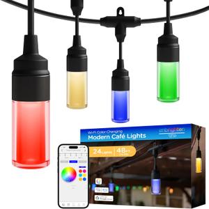Enbrighten Vibe Modern Outdoor String Lights, 48ft, 24 RGBWIC Acrylic Bulbs, Weatherproof, Perfect for Gameday, Holidays, and More, Smart App Control, Compatible with Alexa, Google Home, 84013