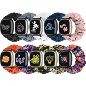10 PCS Compatible with Fitbit Versa 4/Sense 2/Versa 3/Sense Scrunchie Band, Soft Cute Pattern Printed Fabric Elastic Solo Loop Cloth Scrunchy Replacement Wristband for Women