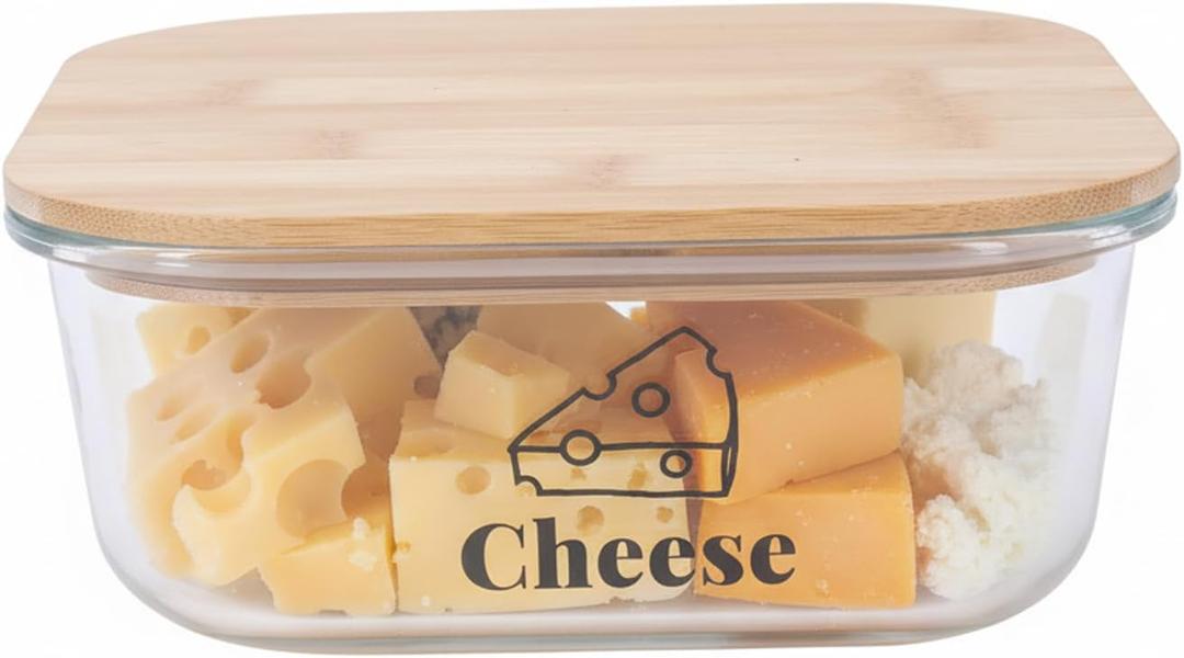 Cheese Container for Refrigerator,Glass cheese slice holder with Wooden Lid,Lunch Deli Meat Containers for Fridge,BPA-Free Shredded Cream Block Sliced,Grated,CheddarCheeses Storage Box Saver keeper 6.8(L) x 6.8(W) x 2.6(H) inches