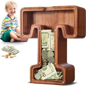 Summidate Large Wooden Piggy Bank for Kids Adults, Letter T Money Bank for Boys Girls, Personalized Initial Alphabet Bank for Coins Bills Change, Birthday and Decor