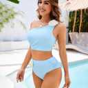 Women Bestselling Bikini Sets One Shoulder Swimsuits 2 Piece Tummy Control Bathing Suits High Waisted Floral 2025 (Blue, XL)