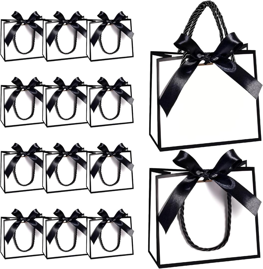 EQOREIIN 24 PCS Small Gift Bags with Handles,White Mini Bag,5.5x 2.5x4.7 Inches Small Thank You Gift Bags Bulk with Ribbon for Party Favors,Mother's Day, Goodie, Weddings,Baby Shower(White,Black)