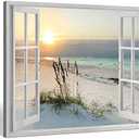Sea Whisper Beach Window Canvas Wall art: tropical Sunrise Seascape Picture Coastal Ocean Painting Open Window Artwork Print for Bathroom Decor(12x16)