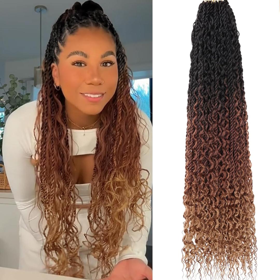 3 Tone 9 Packs Senegalese Twist Crochet Braids with Curly Ends 30 Inch Ombre Boho Island Twist Crochet Hair Pre-looped Goddess Box Braids for Black Women Braiding Hair 1B3027#