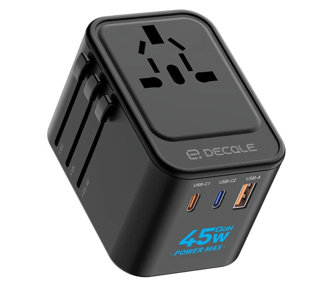 decqle Universal Travel Adapter, International Travel Plug Adapter with 2 USBC(GaN 45W) ＆ 1 USBA Ports, All in One Portable Adaptor, for USA, UK, EU, AU ＆ 224+ Countries (Black) US