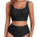 Herseas Women's 2 Piece High Waisted Bikini Sets Sporty Swim Suit Color Block Edge 2025 Beach High Cut Bathing Suits Black, XS