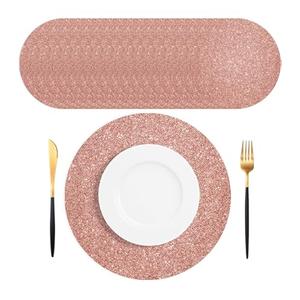 SMUAENSS 100 PCS Rose Gold Paper Placemats Disposable, 13.5" Round Disposable Table Mats, Rose Golden Shiny Table Mats for Birthday Wedding Holiday Party Home Dining Tableware