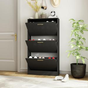Shoe Cabinet for Entryway Slim, Narrow Shoe Storage Cabinet with 3 Flip Drawers, Wood Hidden Shoe Storage, Freestanding Shoe Organizer Cabinet for Hallway, Bedroom, Apartment, Black (1pc-black)