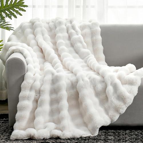 Cozy Bliss Faux Fur Throw Blanket for Couch, Fuzzy Soft Plush Thick Bubble Blanket for Sofa Bedroom Living Room, 50 * 60 Inches Cream White