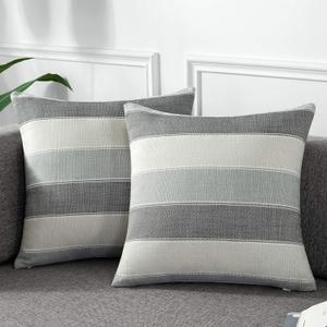 AmHoo Pack of 2 Farmhouse Stripe Check Throw Pillow Covers Set Case Cotton Linen Decorative Pillowcases Cushion Cover for Couch Bench Sofa 20x20Inch Dark Grey Beige