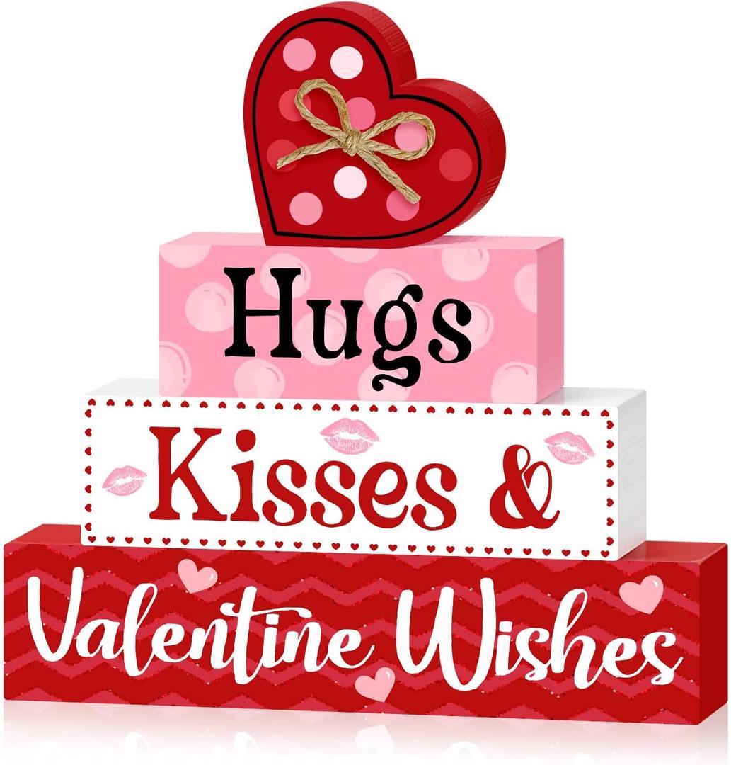 Valentine's Day Table Signs Decorations, Wooden Blocks Heart Shape Love Sign Decor, Red Pink Romantic Sweet Home Centerpiece Freestanding Tiered Tray Decor for Wedding Anniversary Party 4 Layered
