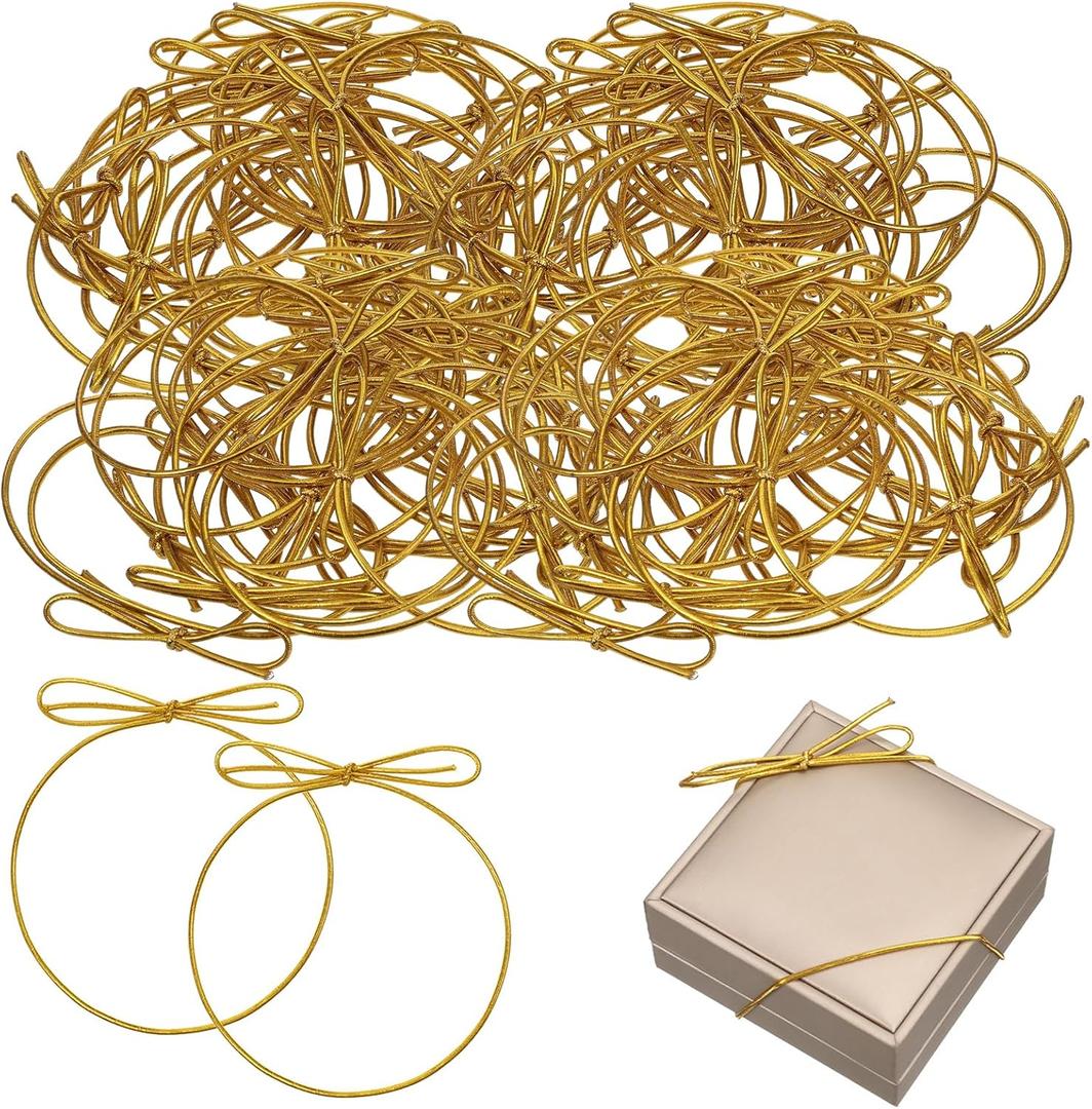 250 Pcs Gold Stretch Loops with Pre-Tied Bows, Elastic Bows for Gift Boxes, Gold Elastic Band & Stretchy Ribbon for Crafts, Wrapping, Tags (8 Inch)