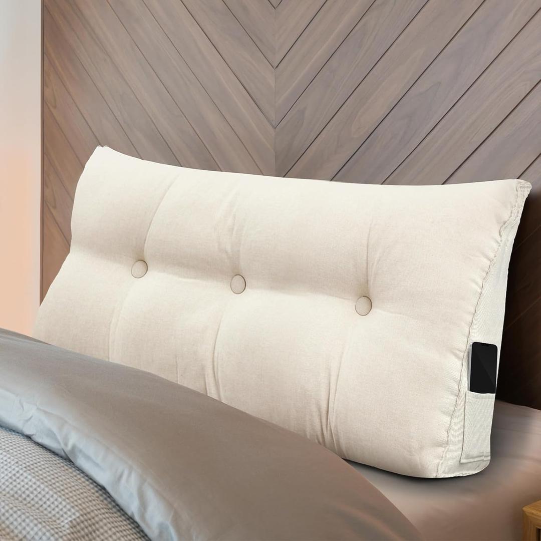 Wenqik Wedge Pillow Twin Triangular Headboard Bed Reading Backrest Back Support Long Pillow with Removable Cover for Dorm Room Supplies Housewarming Gift(Beige) (Twin (39 x 20 x 8 Inch))