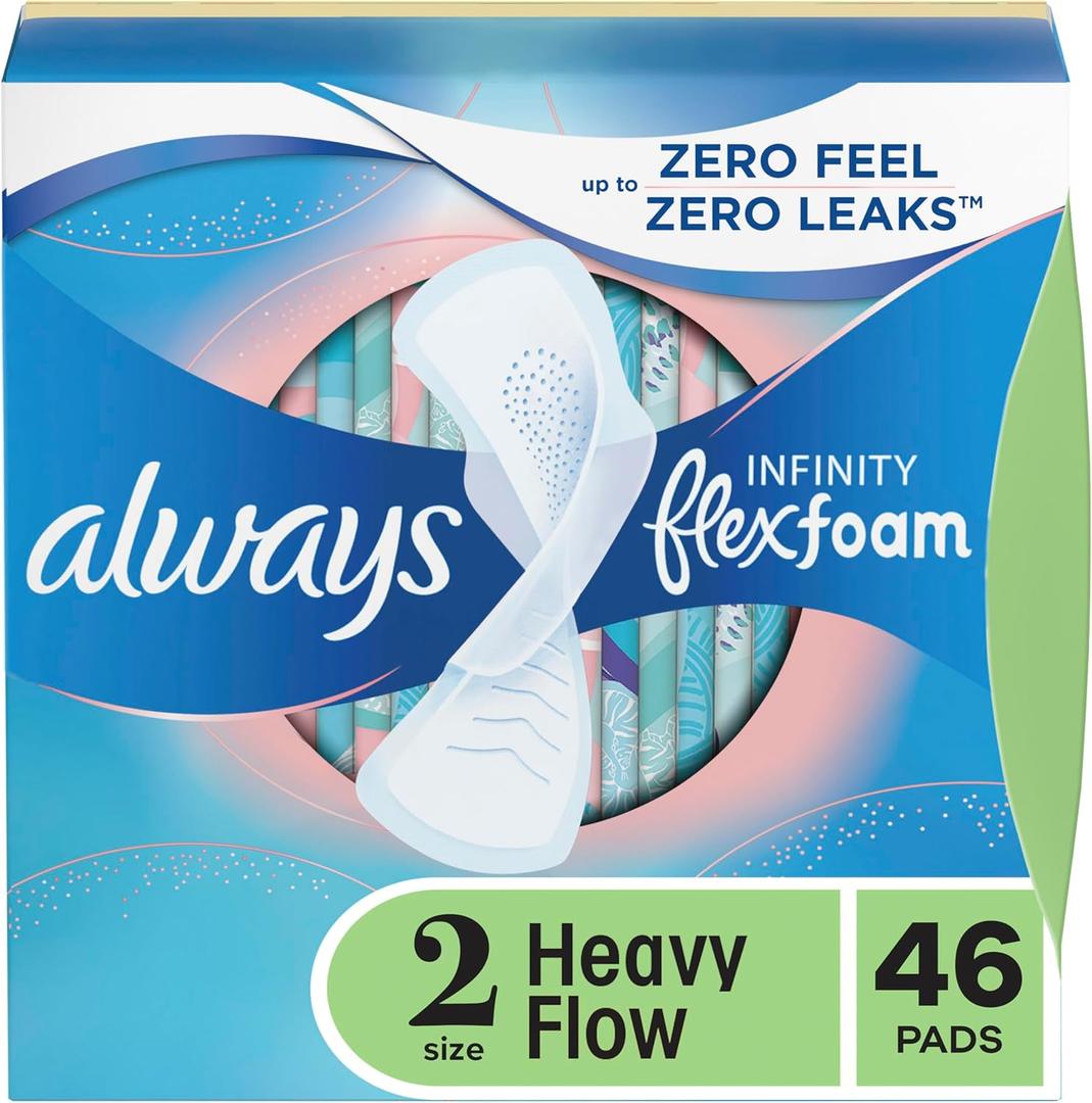Always Infinity Feminine Pads for Women, Flexfoam Pads with Wings, Size 2, Heavy Absorbency, Unscented, 46 Count