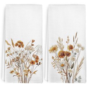 Farmhouse Floral Kitchen Towels Set of 2, Farmhouse Bathroom Decor, Brown Floral Dish Towel, Boho Wildflower Flowers Bohemian Decorative Hand Tea Towels for Bathroom Kitchen Decor, 16x24 Inch