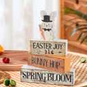 Spring Easter Dec Bunny Wooden Tabletop Decor with Easter Joy/Bunny Hop/Spring Bloom Signs, Spring Farmhouse Spring Table Decorations for Home Indoor, Green Purple Beige Wood Blocks Set of 4