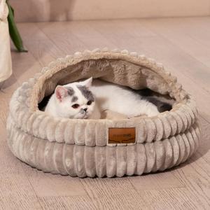 CHEERPALS Cat Cave Bed for Indoor Cats, Washable Covered Cat Bed Hooded Kitty Bed Soft Fluffy Pet Bed for Puppy and Small Dog, Khaki