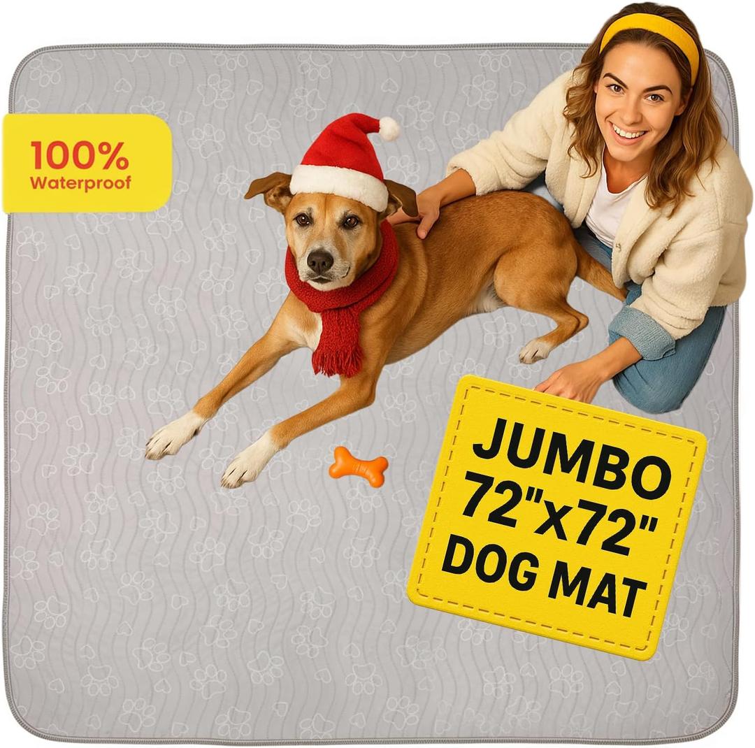 IMPROVIA Extra-Large Waterproof Dog Mat  Jumbo Washable Playpen Floor Protector, Non-Slip Pet Pad, Heavy-Duty 72x72 (Paws & Hearts)
