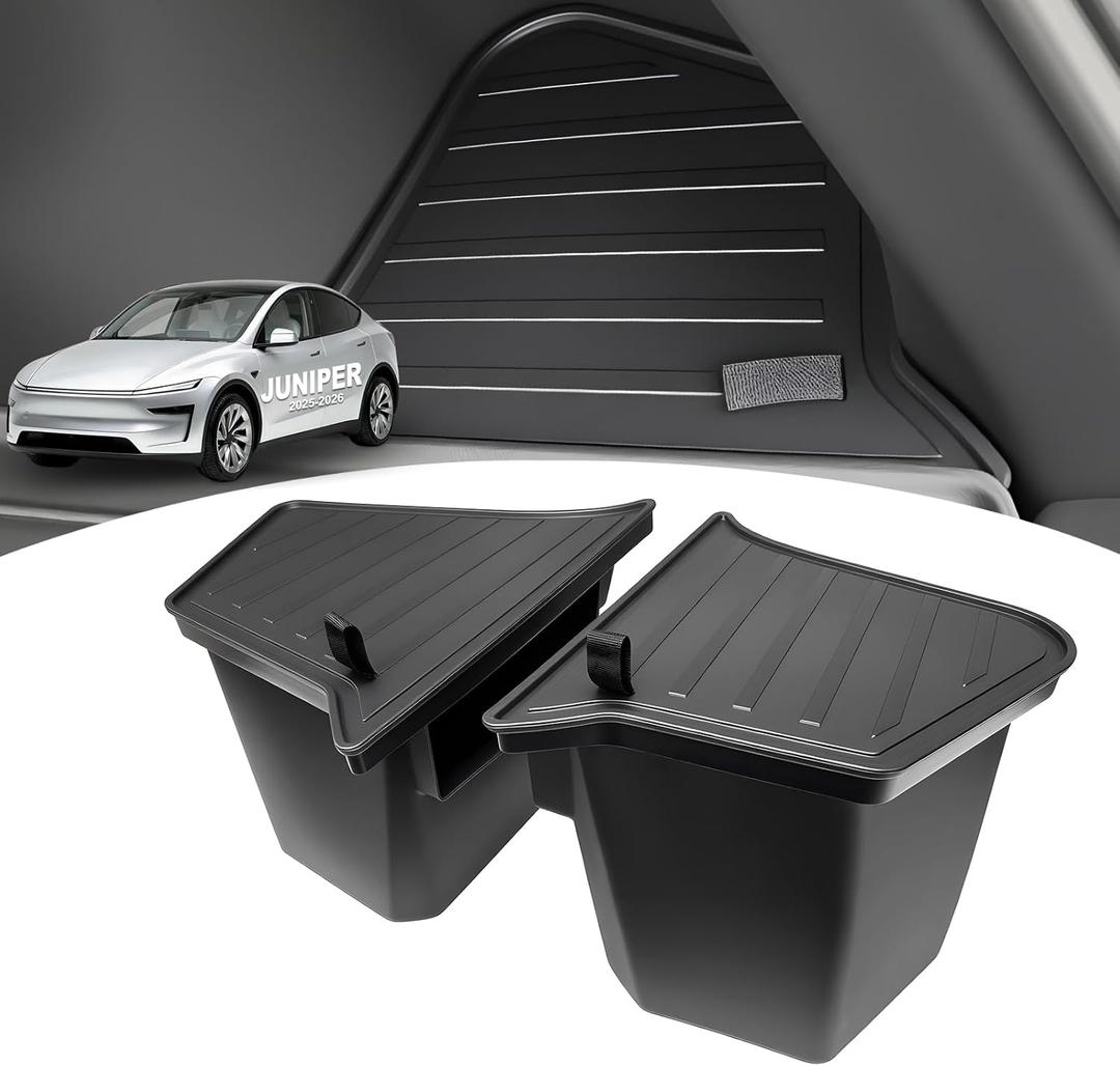Trunk Storage Bins with Lids Custom Fit Tesla Model Y Juniper 2025 2026, 2PCS TPE Rear Trunk Organizer, Wear-Resistant Heavy-Duty Cargo Organizer Accessories
