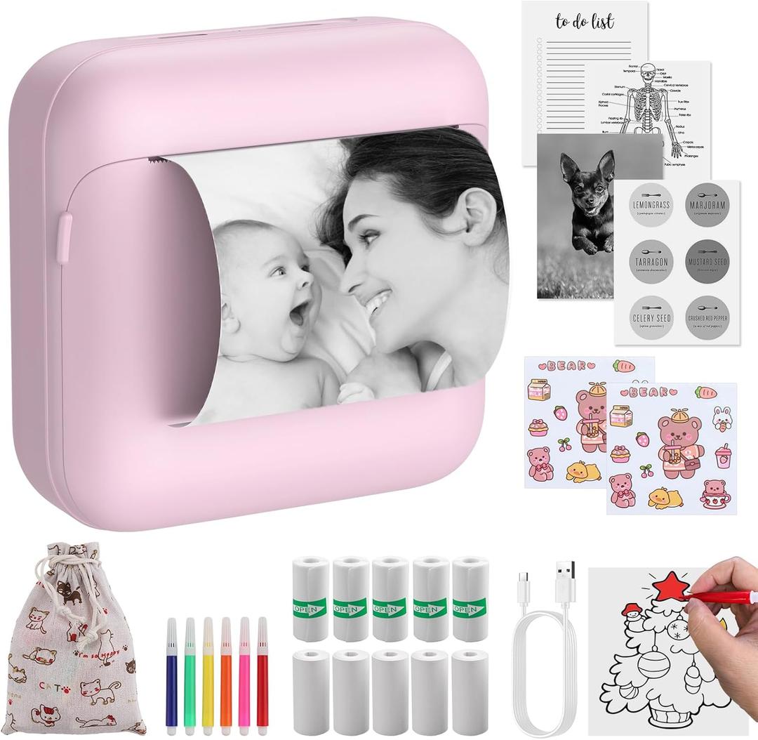 eSynic Mini Sticker Printer-1200mAh Rechargeable Battery-Bluetooth Portable Thermal Printer-Lnkless Printing- APP With 1000 Templates-5 Roll Adhesive & 5 Thermal Paper-6*Color Pens-for Notes/Photo etc