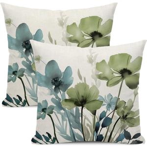Floral Pillow Covers 16x16 Inches Set of 2 Sage Green Blue Floral Throw Pillow Covers Outdoor Rustic Spring Summer Flower Decoration Pillowcase Farmhouse Decorative Cushion Cover For Sofa Couch