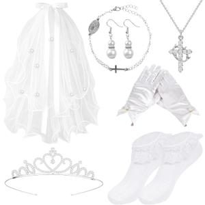 First Communion Veil Set - 1st Communion Headpiece Set for Girls, Holy Catholic Baptism Dress Up Accessories (White)