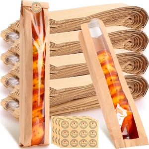 Qilery 240 Sets Baguette Bags Paper Bakery Bread Bag with Window Homemade Bread Bags 23.6 x 3.5 x 1.8inch Front Clear Kraft with Label Sealing Sticker for French Loaf Storage Kitchen