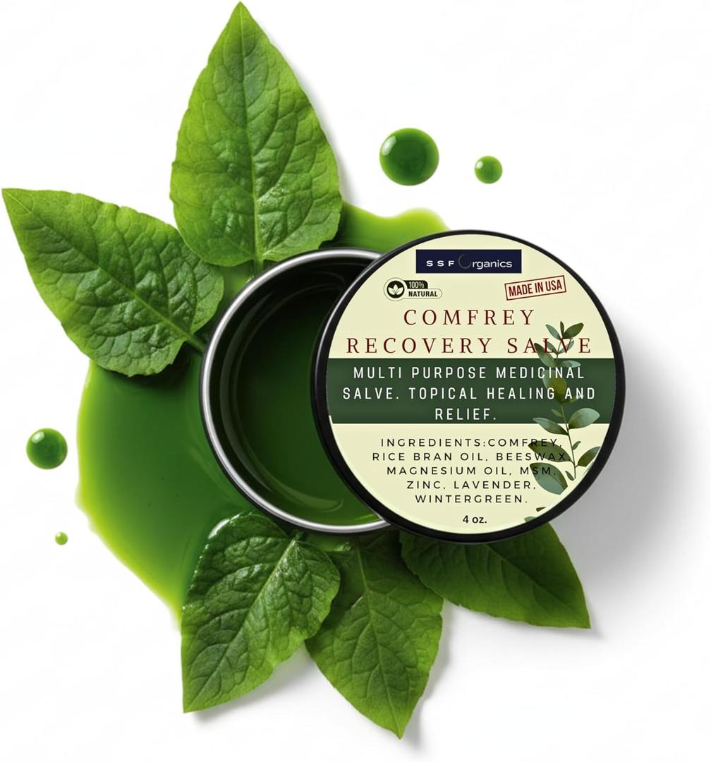 SSF Organics- Natural Relief and Recovery. Topical Healing for Muslces, Joints and Skin. Great for Runners, Post Workout, Healing, Skin Repair. (Comfrey Recovery Salve 4oz.)