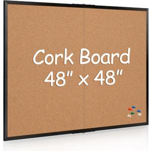Extra Large Cork Bulletin Board 48" X 48", Foldable Notice Pin Board for Wall, Black Wood Framed 4'x4' Corkboard, Wall Mounted Noticeboard with 32 Push Pins for School, Home & Office