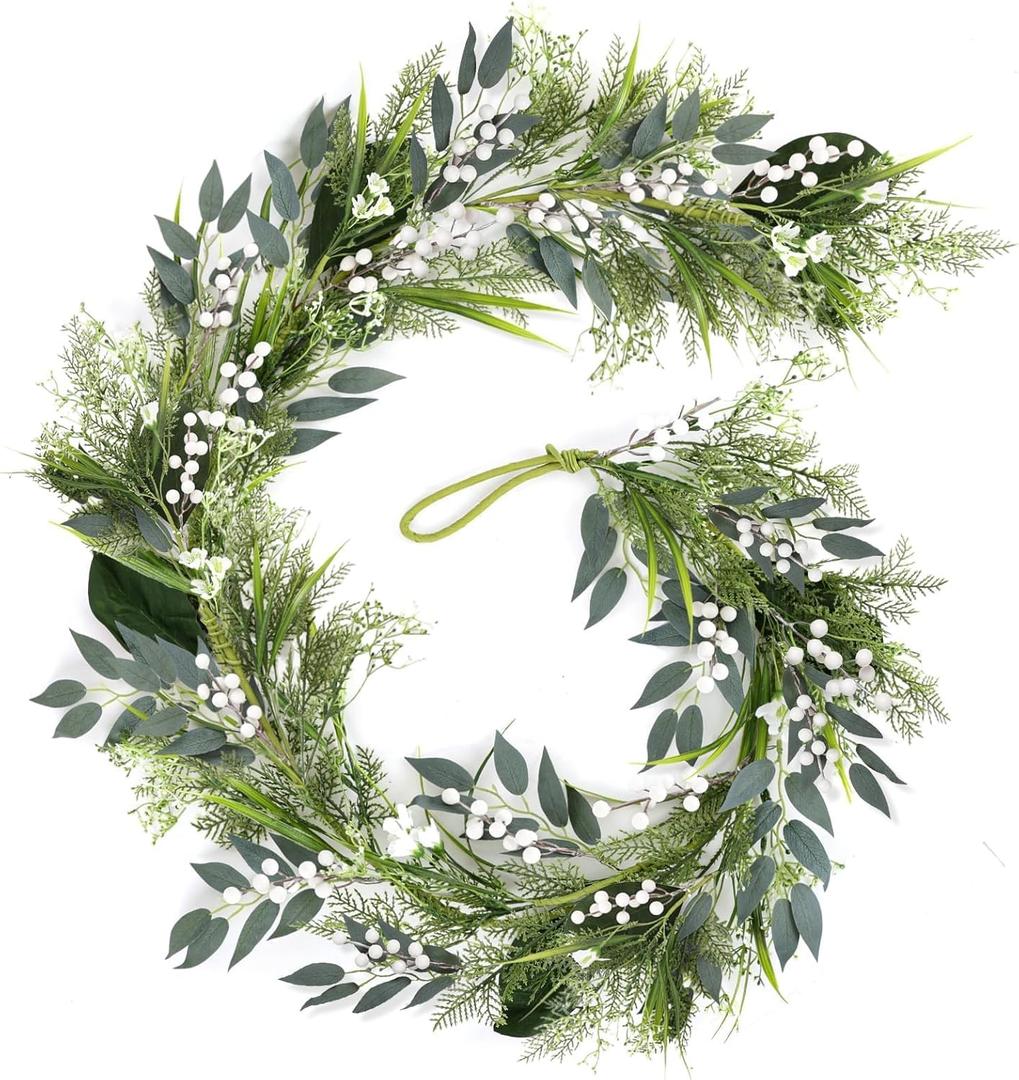 6.5 Ft Artificial White Flowers Garland Spring Summer Swags White Wild Flower with Berries Garland Vine for Wedding Front Door Porch Table Indoor Door Home Mantle All Year Decoration (Green)